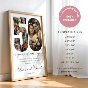 May include: A framed print celebrating a 50th wedding anniversary. The design features a large "50" with photos, a vintage photo of a couple, and the names "Olivia and Daniel." Text includes "years of marriage" and template sizes.