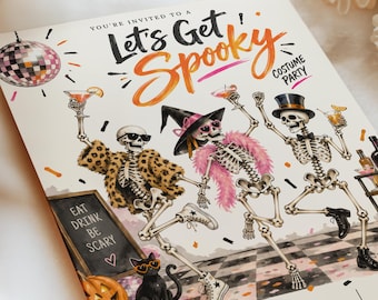 Bearbeitbare Einladung zur Halloween-Cocktailparty, Einladung zur Kostümparty für Erwachsene mit tanzenden Skeletten, Canva-Vorlage (Digitaler Download)