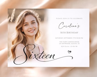 Minimalist 16th Birthday Invitation with Photo, Editable Canva Boho Boy Girl Sixteenth Birthday Invite (Digital Download)