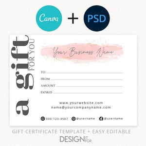 Plantilla de certificado de regalo, vale de regalo editable, Canva, tarjeta de cupón, PSD, imprimible, íconos sociales Certificado de regalo digital, tarjeta de regalo de 5 x 7