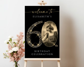 Black and Gold 60th Birthday Welcome Sign Template , Customizable and Printable Party Decoration, Editable Celebration Board, #GBB1