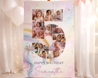 Unicorn 5th Birthday Photo Collage Template, 5th Birthday Poster, Editable Canva Template, 5th Birthday Unicorn Party Decor for Girl, Canva