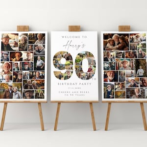Conjunto de plantillas de collage de fotos para el 90.° cumpleaños, póster de cumpleaños personalizado, tablero de bienvenida de cumpleaños para abuela, abuelo, papá o mamá