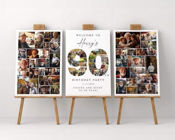 90th Birthday Welcome Sign Photo Collage Template Set, Personalized Birthday Poster Gift, Birthday Board for Grandma, Grandpa, Dad or Mom