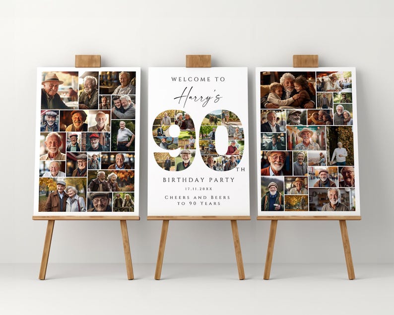 May include: Three white posters on easels with a collage of photos of people. The middle poster has the text "Welcome to Harry's 90th Birthday Party 17.11.20XX Cheers and Beers to 90 Years".