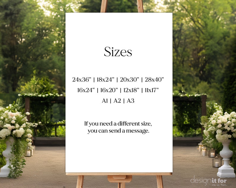 K&ouml;nnte beinhalten: Ein wei&szlig;es Schild mit schwarzem Text, auf dem verschiedene Gr&ouml;&szlig;en f&uuml;r Drucke aufgef&uuml;hrt sind. Der Text lautet "Sizes" gefolgt von einer Liste von Gr&ouml;&szlig;en in Zoll, darunter 24x36, 18x24, 20x30, 28x40, 16x24, 16x20, 12x18 und 11x17. Das Schild enth&auml;lt auch den Text "A1 | A2 | A3". Unter den Gr&ouml;&szlig;en steht der Text "Wenn Sie eine andere Gr&ouml;&szlig;e ben&ouml;tigen, k&ouml;nnen Sie eine Nachricht senden."