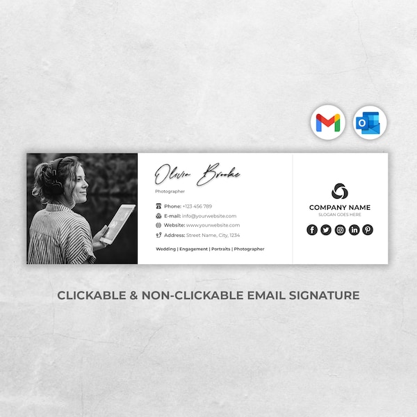 Modèle de signature d'e-mail, agent immobilier, cliquable, Gmail, moderne, professionnel, immobilier, deux photos ou logo, icône de lien cliquable, HTML, Canva