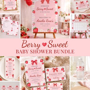 Könnte beinhalten: Ein Babyparty-Papeterie-Set mit rosa Vichy-Muster, roten Erdbeeren und weißen Gänseblümchen. Es enthält ein Willkommensschild, ein Menü, eine Dankeskarte, Windel-Tombola-Lose, Wasserflaschenetiketten und Cupcake-Topper mit roten Schleifen.