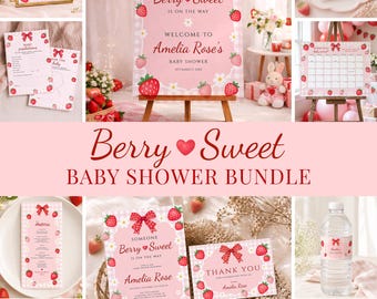 Berry Sweet Baby Shower Bundle for Girl, Strawberry Invitation, Games, Signs, Editable Canva Templates, Digital Download, #BS06