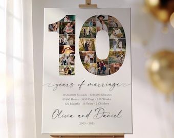 Elegant 10th Wedding Anniversary Photo Collage, Editable 10 Years Anniversary Number Collage Gift, 10 Years of Marriage Printable Template