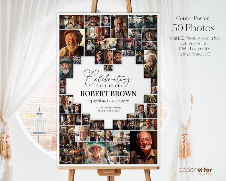 K&ouml;nnte beinhalten: Eine Schwarzwei&szlig;-Fotocollage in Form eines Kreuzes, die das Leben von Robert Brown feiert. Die Collage enth&auml;lt 50 Fotos von Robert Brown, mit den Daten 27. April 1942 - 14. Juni 202x und dem Text "Immer in Erinnerung, nie vergessen".