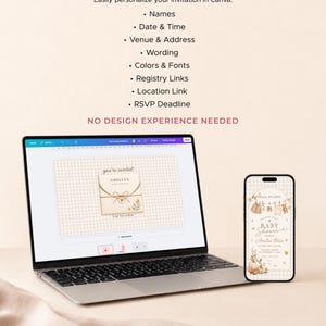 May include: A laptop and a smartphone displaying a digital baby shower invitation template. The screen text reads MAKE IT YOURS, Easily personalize your invitation in Canva, and NO DESIGN EXPERIENCE NEEDED, alongside lists of editable features.