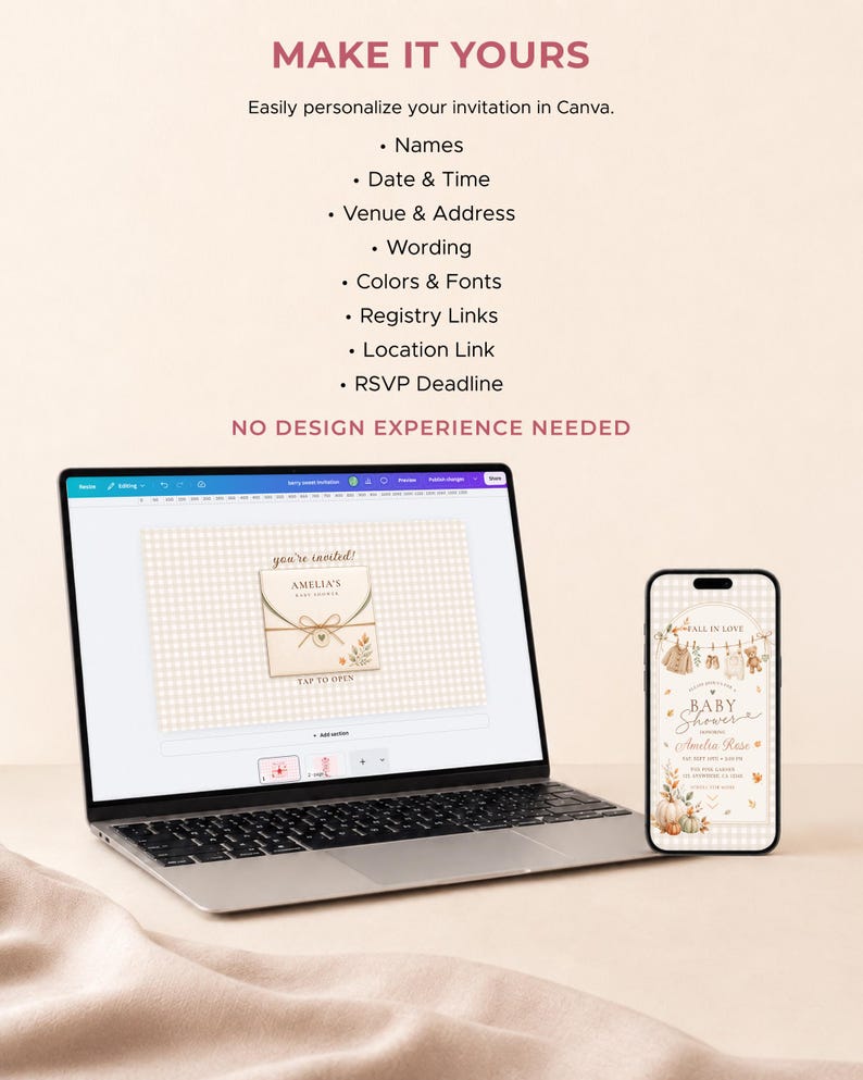 May include: A laptop and a smartphone displaying a digital baby shower invitation template. The screen text reads MAKE IT YOURS, Easily personalize your invitation in Canva, and NO DESIGN EXPERIENCE NEEDED, alongside lists of editable features.