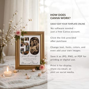 May include: A framed 50th-anniversary photo collage. The collage features a large "50" with photos inside, a vintage couple's portrait, and the text "years of marriage." The frame is wooden, and the text reads "Olivia and Daniel."