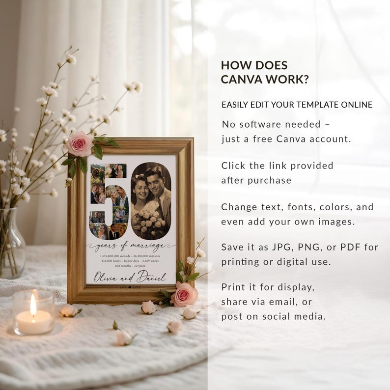 May include: A framed 50th-anniversary photo collage. The collage features a large "50" with photos inside, a vintage couple's portrait, and the text "years of marriage." The frame is wooden, and the text reads "Olivia and Daniel."