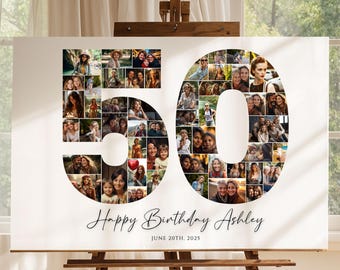 Plantilla de collage de fotos para el 50 cumpleaños, regalo personalizado para el 50 cumpleaños para mujeres, él, mamá, collage de números, regalo familiar, regalo de cumpleaños, Canva