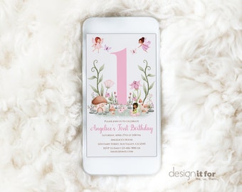 Fairy first birthday phone evite, Electronic 1st birthday Invitation Template, editable fairy 1st birthday electronic invite, F01