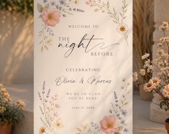 Floral Rehearsal Dinner Welcome Sign, The Night Before Wedding Board, Editable Canva Template (Digital Download)