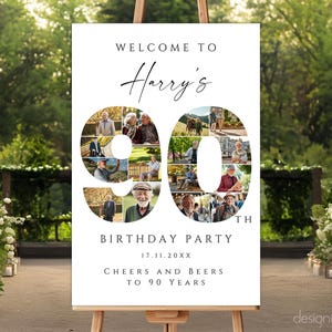 May include: A white welcome sign with black text that reads "Welcome to Harry's 90th Birthday Party 17.11.20XX Cheers and Beers to 90 Years". The number 90 is made up of photos of people.