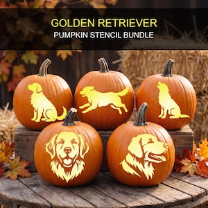 Puede incluir: Cinco calabazas naranjas con siluetas talladas de perros Golden Retriever. El texto GOLDEN RETRIEVER PUMPKIN STENCIL BUNDLE aparece en la parte superior. Los diseños incluyen un perro sentado, uno corriendo, uno aullando y dos retratos.