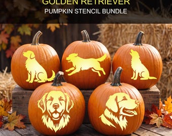 Golden Retriever Pumpkin Stencils Bundle, Printable Halloween Dog Carving Jack O Lantern Pattern (Digital Download), #JOL