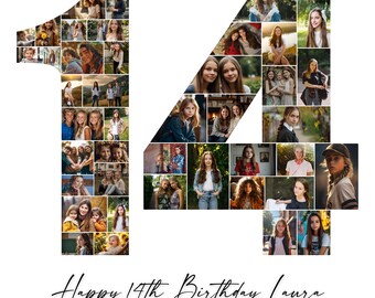 14th Birthday Photo Collage, 14th Birthday Gift, Birthday Number 14 Printable, 14th Photo Collage Template, Editable 14th Birthday Poster