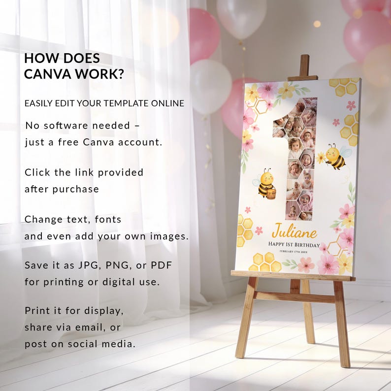 May include: A wooden easel displays a personalized first birthday sign. The sign features a large number one filled with photos, floral accents, and the name "Juliane." The sign also includes the text "Happy 1st Birthday."