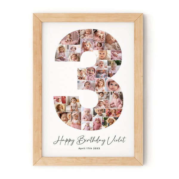 3rd Birthday Photo Collage Template, 3rd Birthday Photo Milestone Sign, Number 3, Editable 3rd Birthday Photo Poster Template, Canva