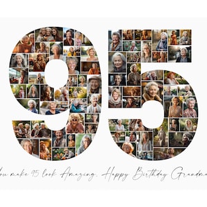Plantilla de collage de fotos de 95 cumpleaños, regalo personalizado para abuela, abuelo o esposo. Regalo de cumpleaños con collage de números para ella o él