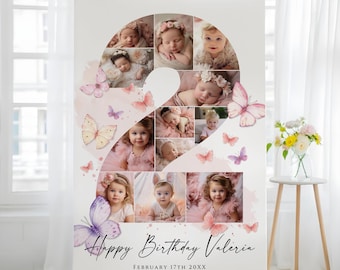 Butterfly 2nd Birthday Collage Template, Second Birthday Welcome Sign Poster, Editable Baby 2nd Birthday Milestone Board for Baby Girl