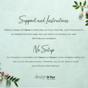 K&ouml;nnte beinhalten: Ein hellblauer Hintergrund mit gr&uuml;nen Bl&auml;ttern und rosa Bl&uuml;ten. Der Text lautet "Support and Instructions" und "No Setup". Der Text erkl&auml;rt, dass die Vorlage einfach mit Canva bearbeitet werden kann und keine Softwareinstallation erforderlich ist. Der Text enth&auml;lt auch den Satz "designit for me, us, them."