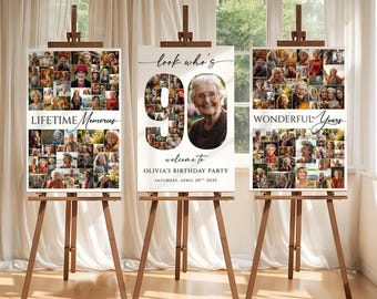 90th Birthday Photo Collage Welcome Sign Template, Editable Birthday Party Poster Board, Birthday Decoration for Men & Women Canva Template