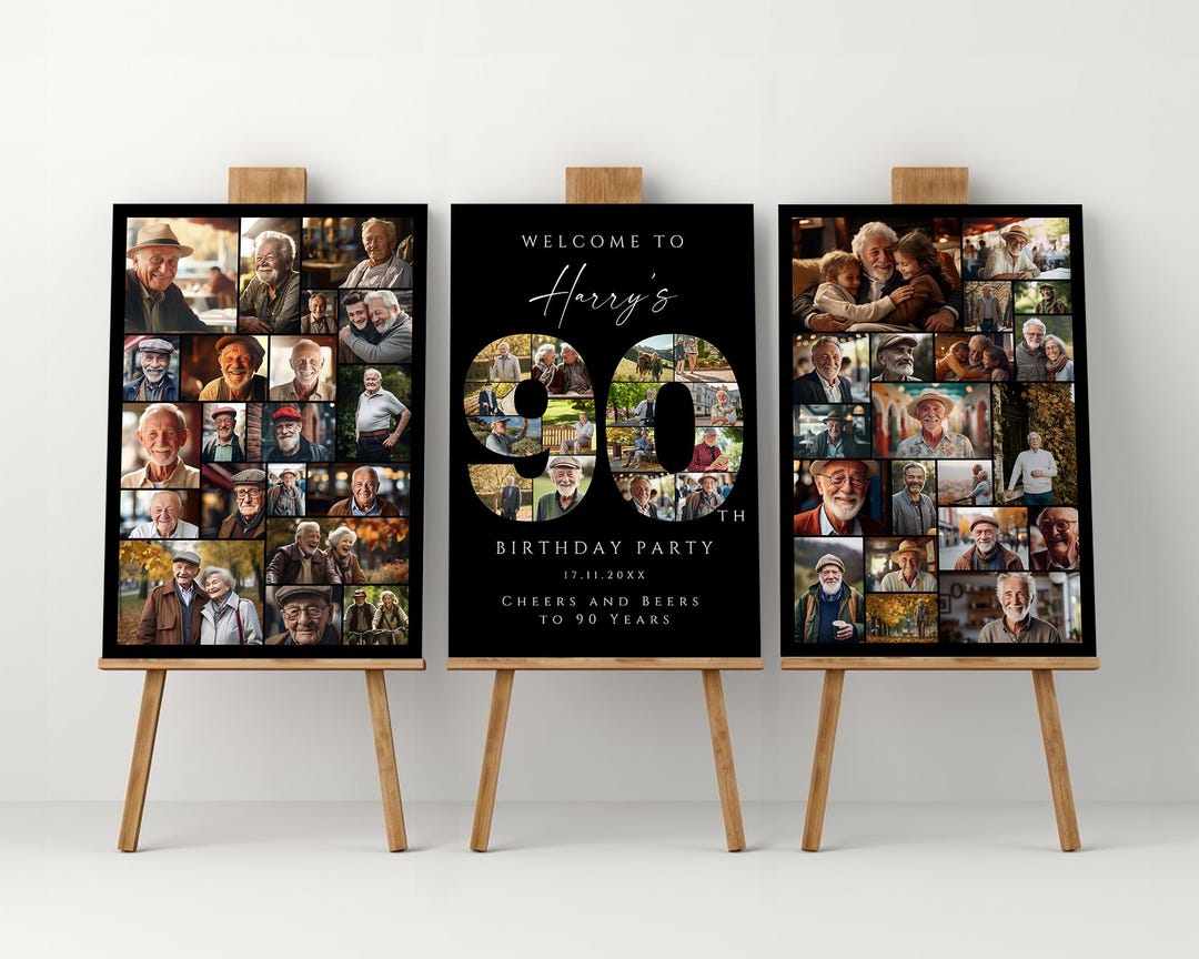 Black 90th Birthday Photo Collage Template Set, Personalized Birthday ...