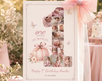 Little Pumpkin First Birthday Photo Collage, Number One Poster, Fall Baby 1st Birthday Sign, Editable Canva Template Digital Download, PB02