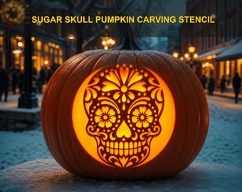Sugar Skull Pumpkin Carving Stencil, Halloween Printable Template, Jack O Lantern Design, Digital Download, #JOL