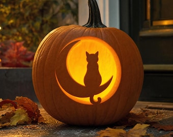Cat And Moon Pumpkin Carving Stencil Template, Black Cat Halloween Jack O Lantern Design, Digital Download, #JOL