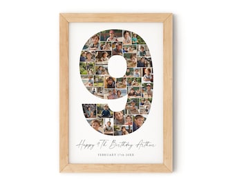 Birthday Number 9 Photo Collage, Birthday gift, Editable Birthday Photo Milestone Sign, Printable 9th Birthday Photo Poster for Boy or Girl