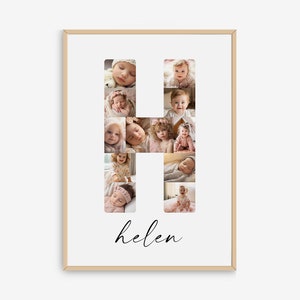 May include: A framed photo collage of a baby girl's photos arranged in the shape of the letter H. The name "helen" is written in cursive below the letter.