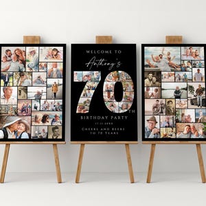 Conjunto de plantillas de collage de fotos de cumpleaños número 70 en negro, regalo de póster de cumpleaños personalizado, tablero de bienvenida de cumpleaños para abuela, abuelo, papá o mamá