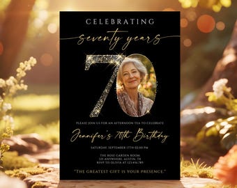 70th Birthday Invitation, Black and Gold Glitter Birthday Invite, Elegant Adult Party Printable, Man or Woman, Editable Canva Template #GBB1