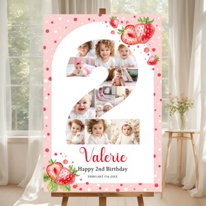 Plantilla de póster de signo de bienvenida de segundo cumpleaños de Berry, collage de fotos de segundo cumpleaños de fresa, tablero de hitos del segundo cumpleaños para niña