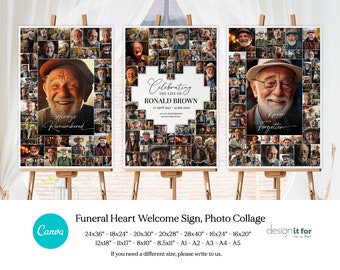 Funeral Heart Photo Collage Sign Set Templates, Funeral Welcome Sign Template, Celebration of Life Board, Easel Display Memorial Poster Size