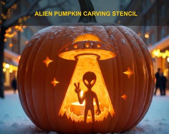 Alien Pumpkin Carving Stencil, Halloween UFO Printable Template, Jack O Lantern Design, Digital Download, #JOL