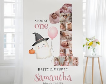 Spooky One 1st Birthday Photo Collage Template, Halloween Ghost First Birthday Sign Poster, Canva Template, Digital Download, #SP01