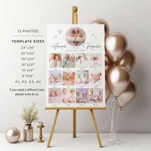 Peut inclure: Une affiche blanche avec un collage de 13 photos de b&eacute;b&eacute;s jumeaux, avec le texte "Aurora & Rosalie Notre premi&egrave;re ann&eacute;e" et une liste de tailles de mod&egrave;les en pouces.