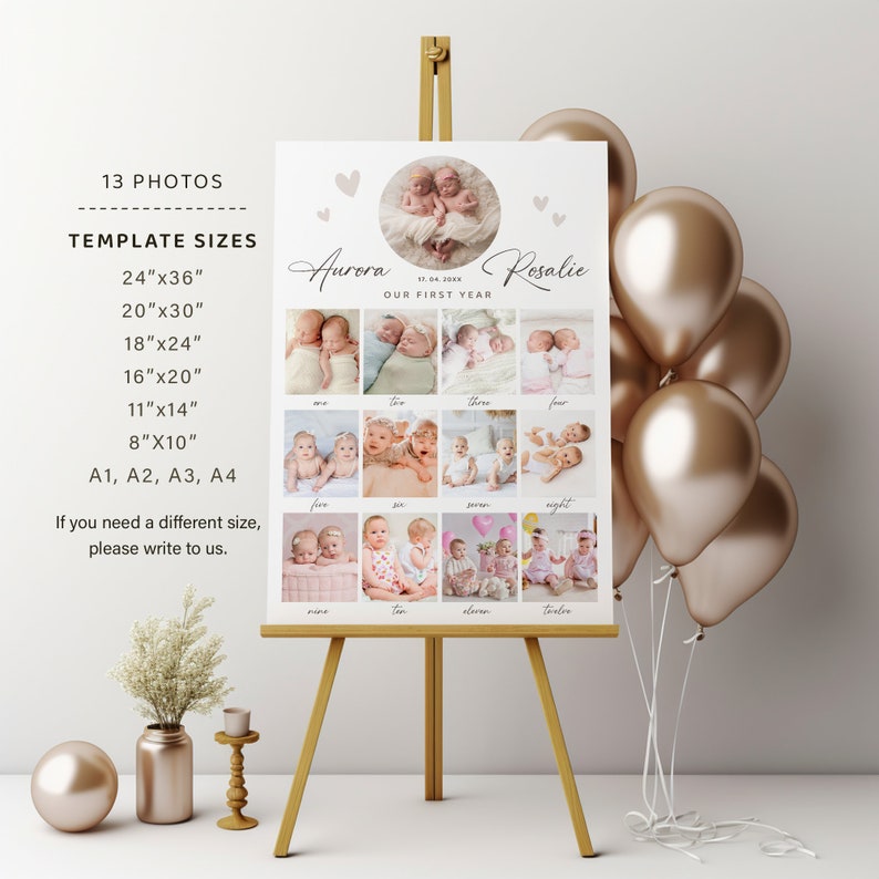 Peut inclure: Une affiche blanche avec un collage de 13 photos de b&eacute;b&eacute;s jumeaux, avec le texte "Aurora & Rosalie Notre premi&egrave;re ann&eacute;e" et une liste de tailles de mod&egrave;les en pouces.