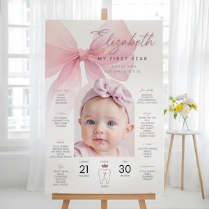 Puede incluir: Un póster personalizado de hitos del bebé con foto, nombre y detalles de una niña. El póster incluye información sobre el primer año del bebé, como peso, altura (76 cm) y cosas favoritas. El diseño es rosa suave con un lazo.