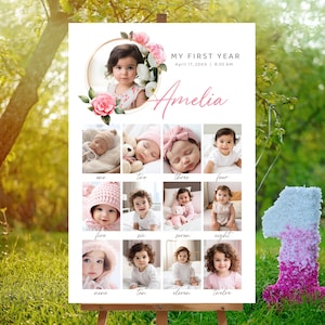 Plantilla de collage de fotos de mi primer año, Póster de cumpleaños de primer año imprimible, Plantilla de collage de fotos de primer año del bebé - Descarga instantánea