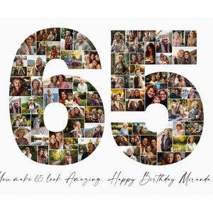 65. Geburtstag Foto-Collage, personalisiertes Geschenk für Oma, Opa oder Ehemann. Zahlen Collage Geschenk zum Geburtstag für Sie oder Ihn