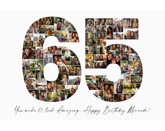 65th Birthday Photo Collage Template, Personalized Gift for Grandma, Grandpa or Husband. Number Collage Birthday Gift for Her or Him
